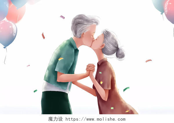 国际接吻日老年夫妻恩爱拥吻情人节插画